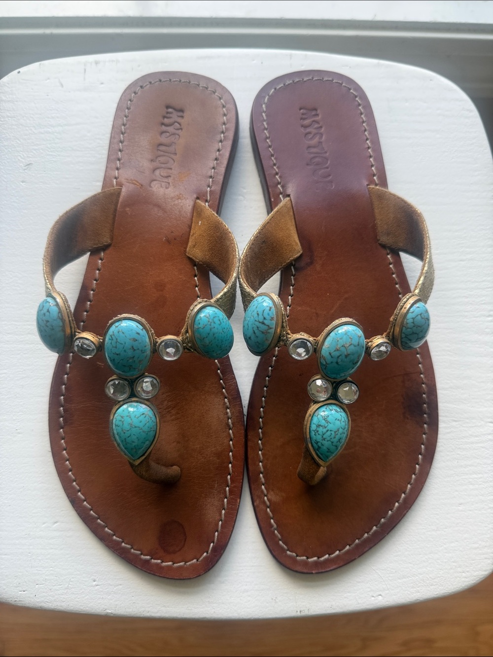 K.Jacques Brown Leather Sandals with Turquoise Stones